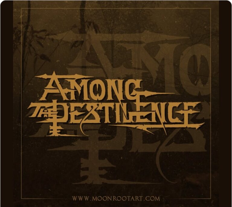 Among The Pestilence logo in gold over dark artwork